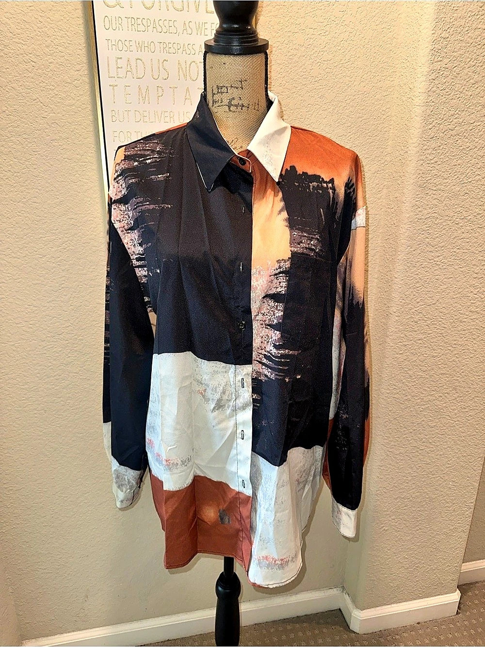 Abstract Print Button Down Shirt in Black & Orange